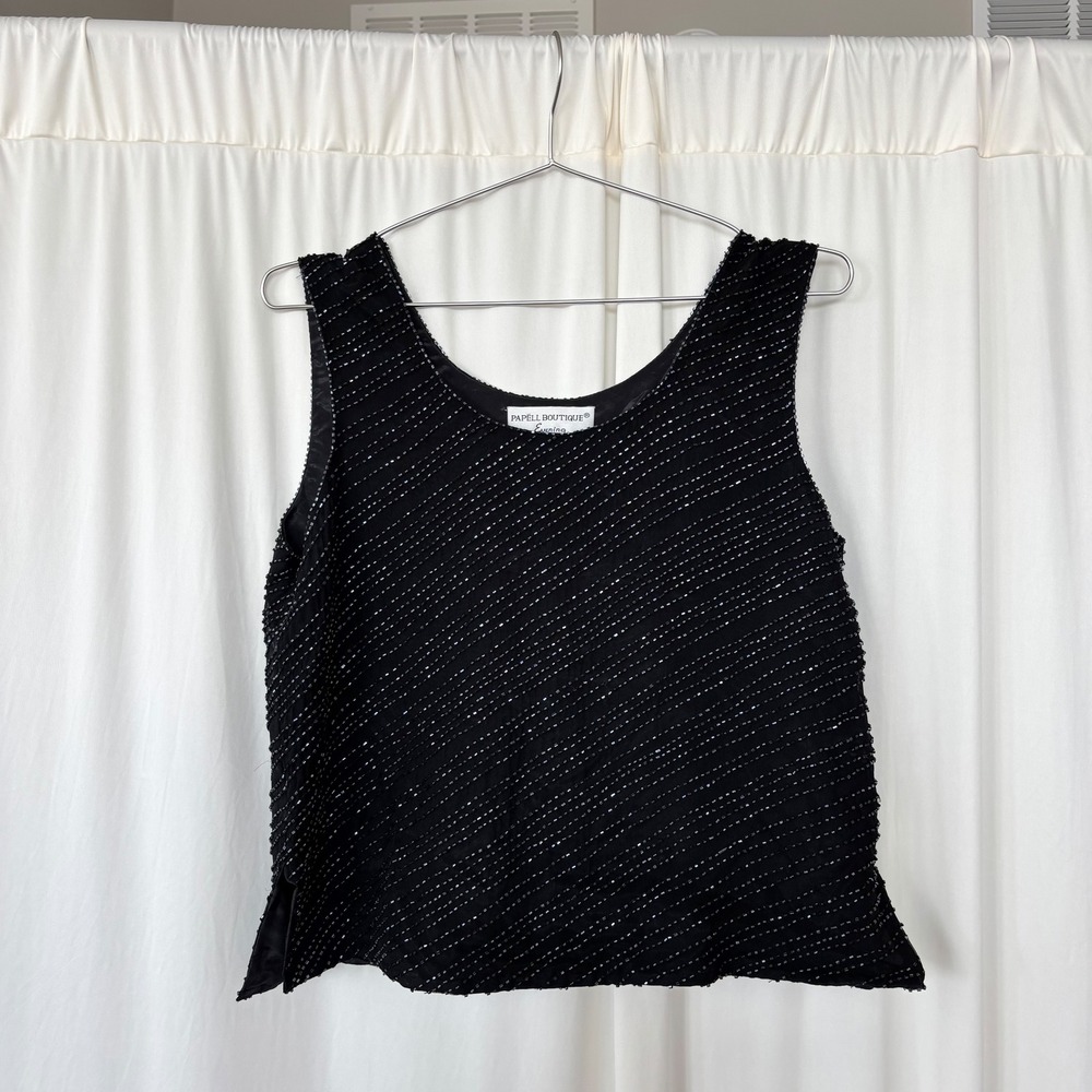 90s Vintage Papell Boutique Black Fully Beaded Silk Tank Scoop Neck Blouse M
